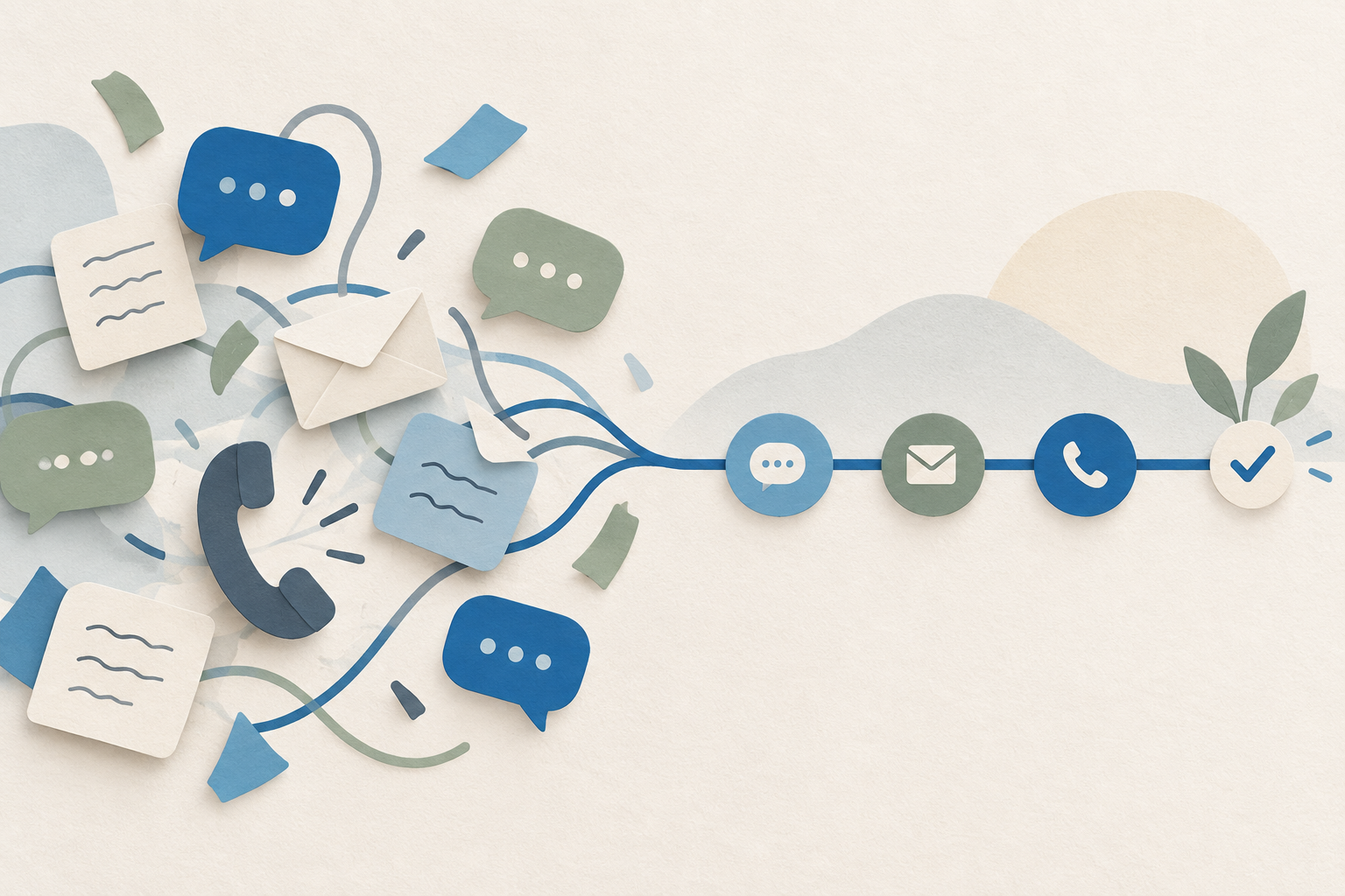 Scattered messages, an envelope and a phone become one organised customer timeline with a checkmark.